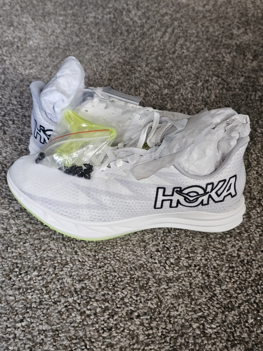 Hoka White Running Shoes with Neon Yellow Accent
